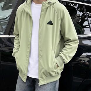 Adidas外套男春季新款针织连帽宽松篮球运动夹克棒球服绿色上衣