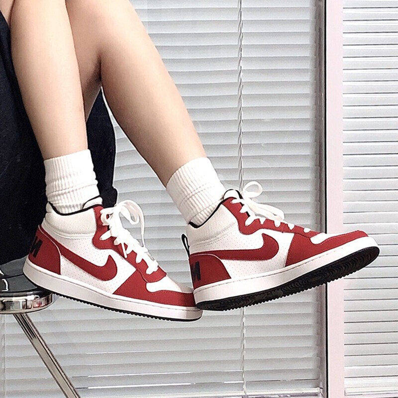 NIKE耐克红色女鞋大童鞋2022冬季运动休闲鞋皮面高帮板鞋839977