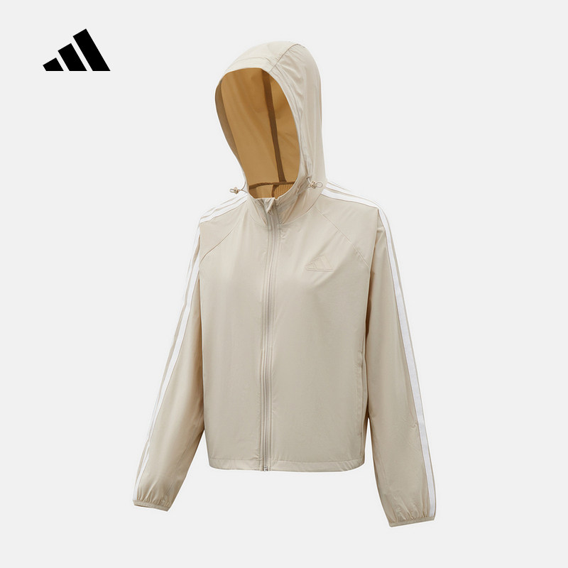 adidas阿迪达斯2026夏女薄款外套连帽三条纹梭织休闲夹克 KX2760
