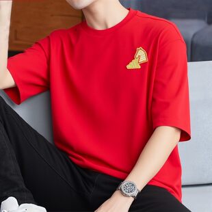 阿迪达斯红色T恤男26春季新款本命年半袖宽松大码美式篮球棉短袖