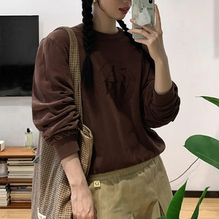 阿迪达斯加绒卫衣女秋季新款加厚上衣运动韩版美式宽松棕色打底衫