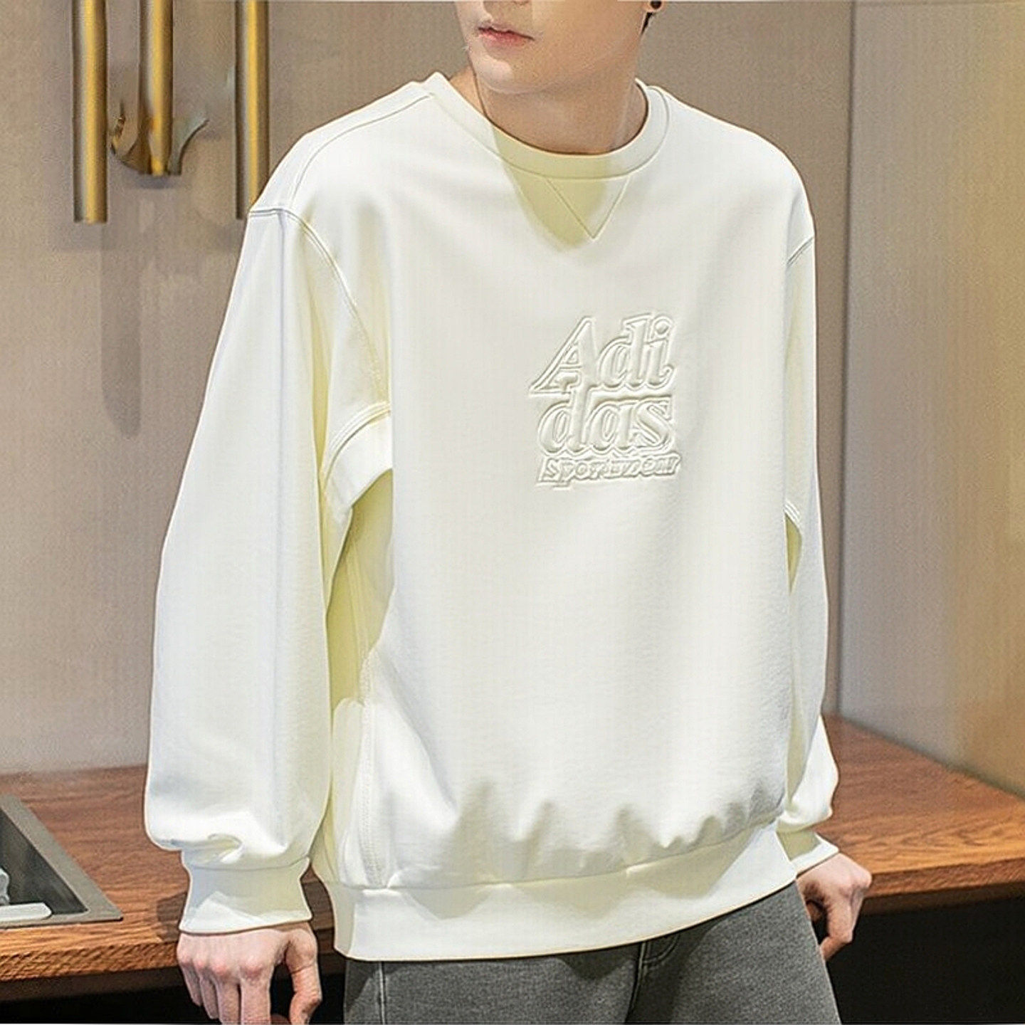 阿迪达斯白色厚棉T男新款打底衫宽松运动服美式棉纯色上衣外套