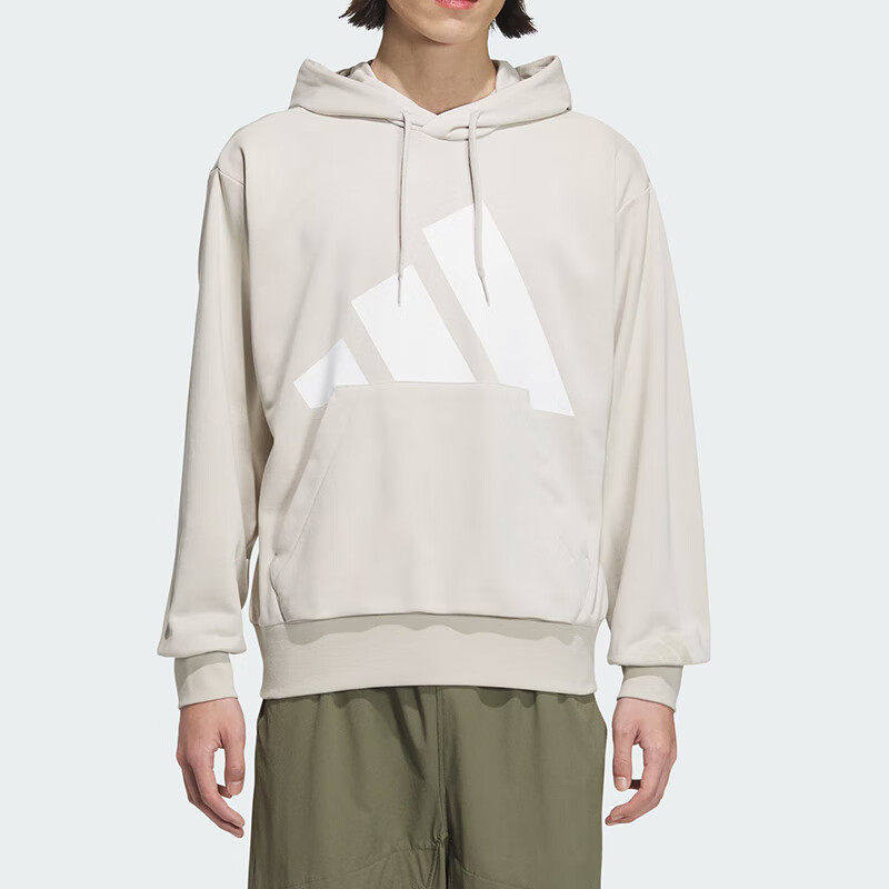 阿迪达斯连帽运动衫男棉质运动服宽松篮球大logo卡其色套头衫外套