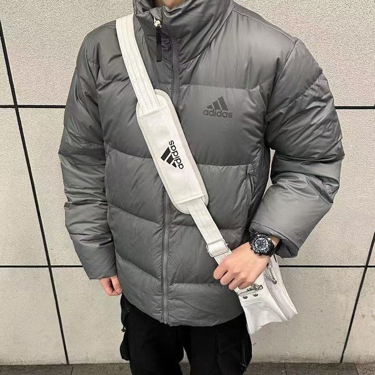 阿迪达斯立领短款羽绒服男高端时尚保暖加厚防风冬季运动外套灰色