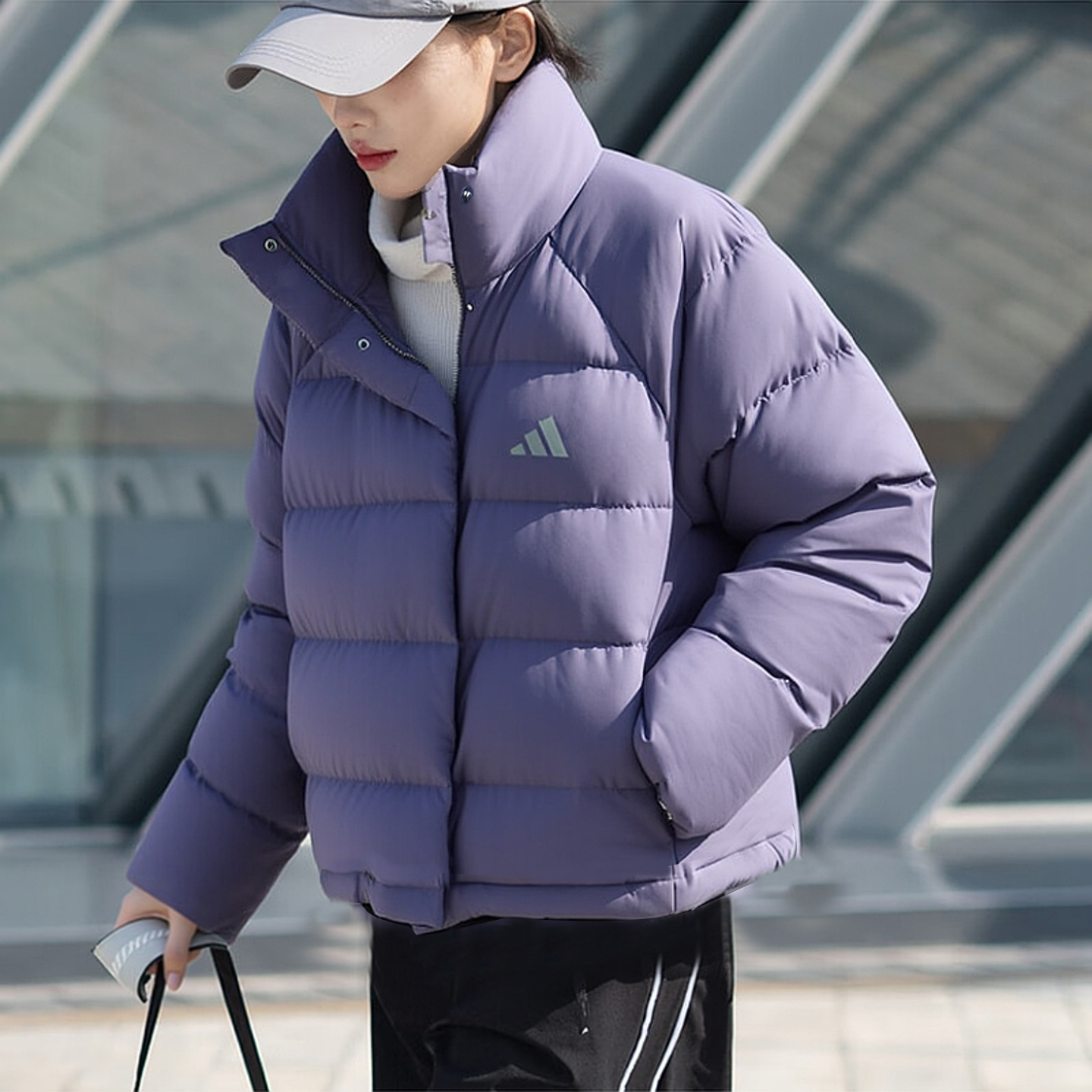 阿迪达斯短款羽绒服女冬季新款紫色立领美式面包服加厚外套KQ5531