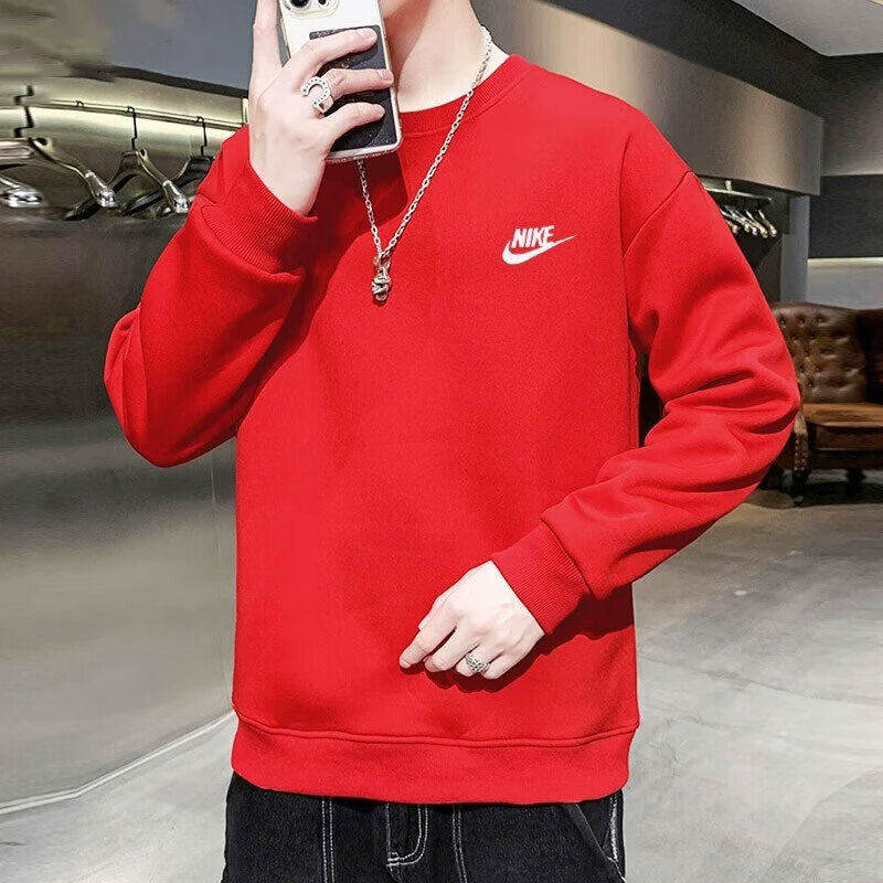 红色卫衣Nike耐克圆领上衣正品男子运动外套春季新款针织棉套头衫