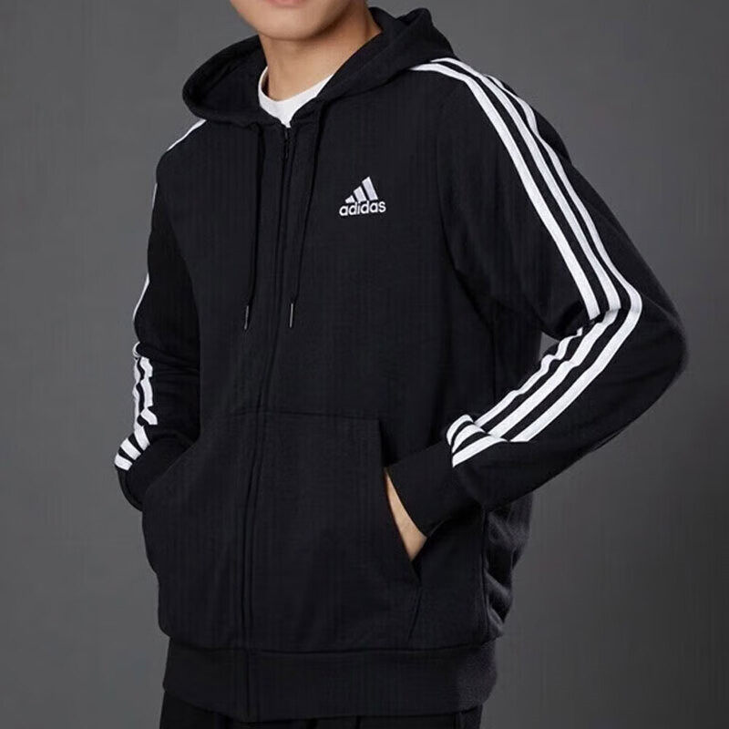 Adidas针织外套男装秋季新款跑步健身训练衣服棉透气连帽夹克