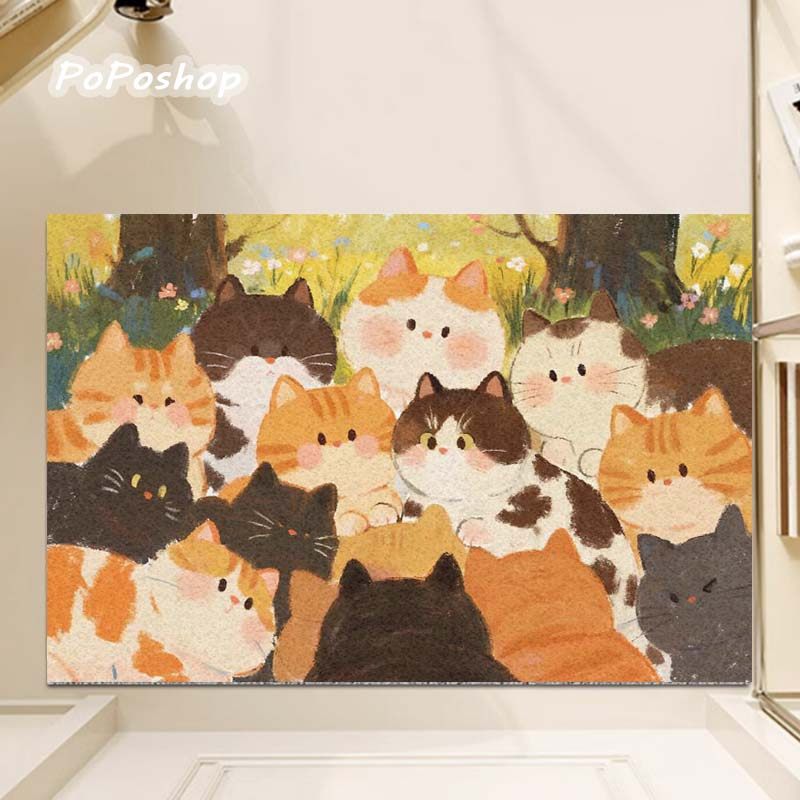 PoPo连盏一堆猫入户门地垫丝圈可裁剪家用玄关脚垫防滑蹭灰卡通垫,居家布艺,入户地垫,淘宝优惠券,粉丝福利购,淘宝优惠卷