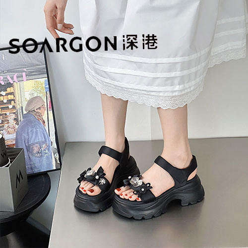 深港专柜2025夏季新款黑色厚底圆头休闲百搭女凉鞋子W1750L89597