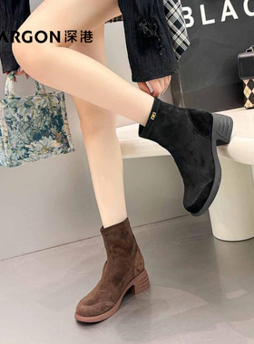 深港专柜2025冬季新品圆头粗高跟气质百搭女士短靴子W1640X89691