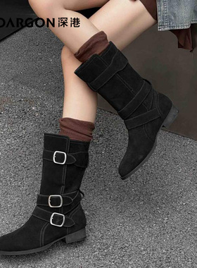 深港专柜2024冬季新款韩版圆头中筒百搭休闲女士靴子H1668X89301