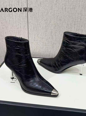 深港专柜2025冬季新款细高跟气质黑色尖头女士短靴子W588X89717