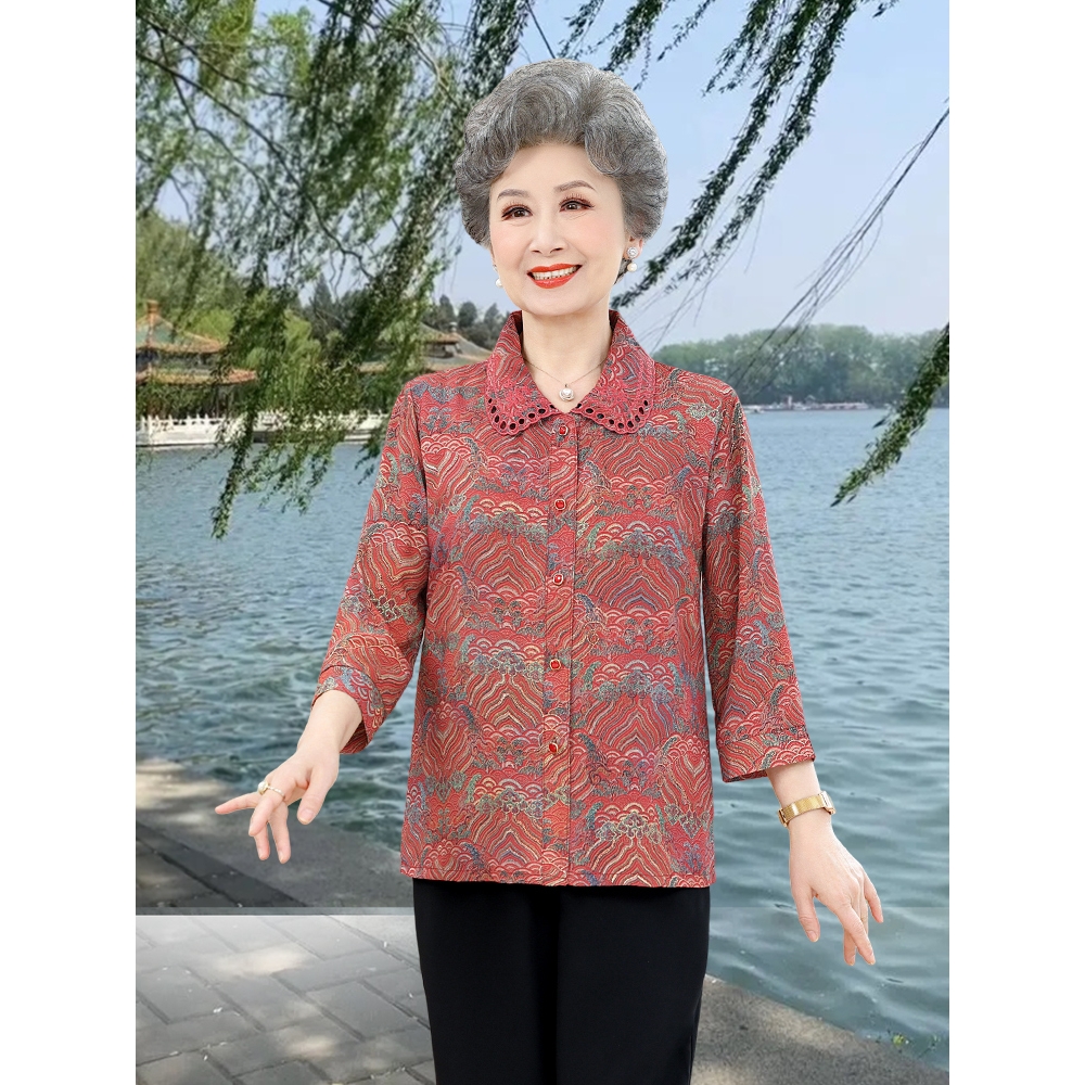 网红爆款奶奶夏装七分袖洋气中老年人衬衫女妈妈开衫老人衣服太太