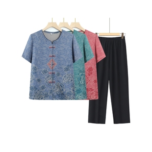 妈妈夏季 网红爆款 套装 中老年人夏装 T恤老人衣服太太休 女奶奶短袖