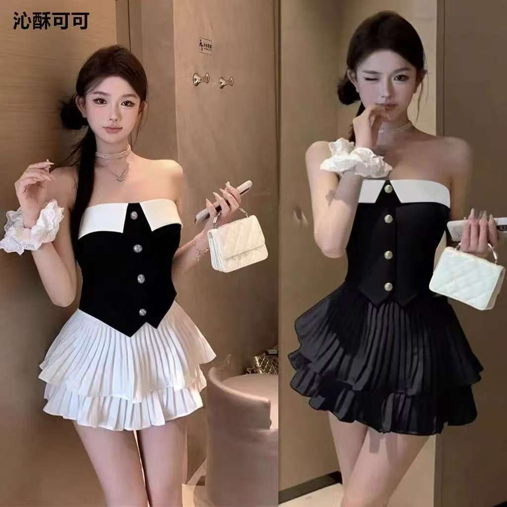 甜辣妹夏季性感两件套装无袖抹胸背心上衣高腰半身百褶蓬蓬蛋糕裙