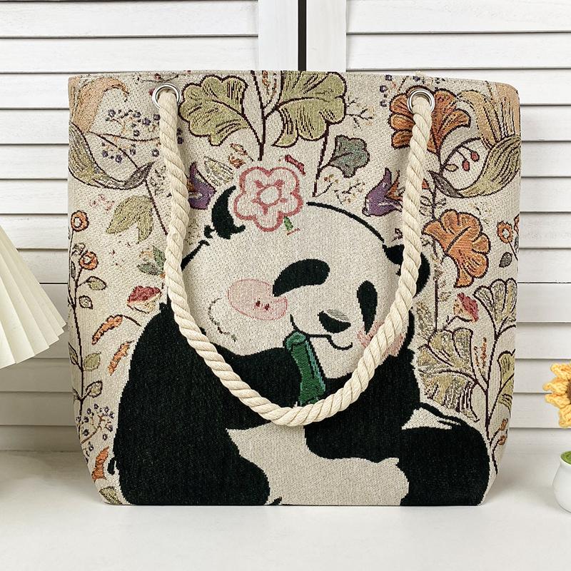 新款大容量盼盼大熊猫单肩包帆布刺绣休闲百搭卡通熊猫花上班通勤