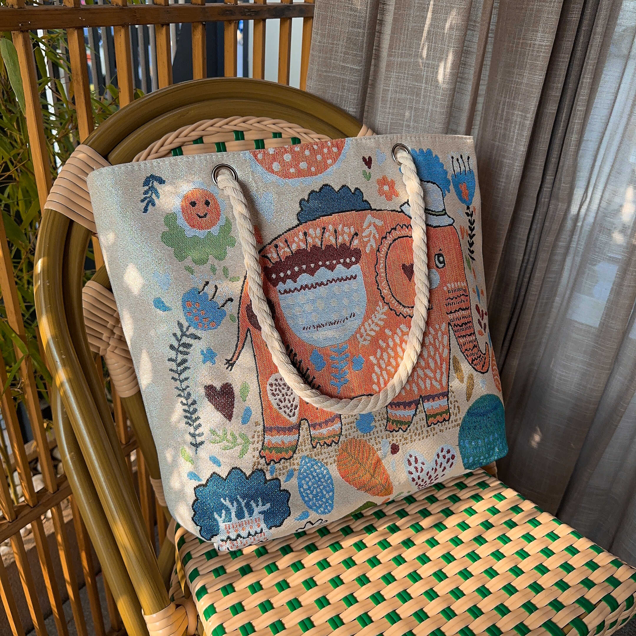 新款双面金丝刺绣帆布包民族风卡通桔色大象单肩包大容量通勤上班