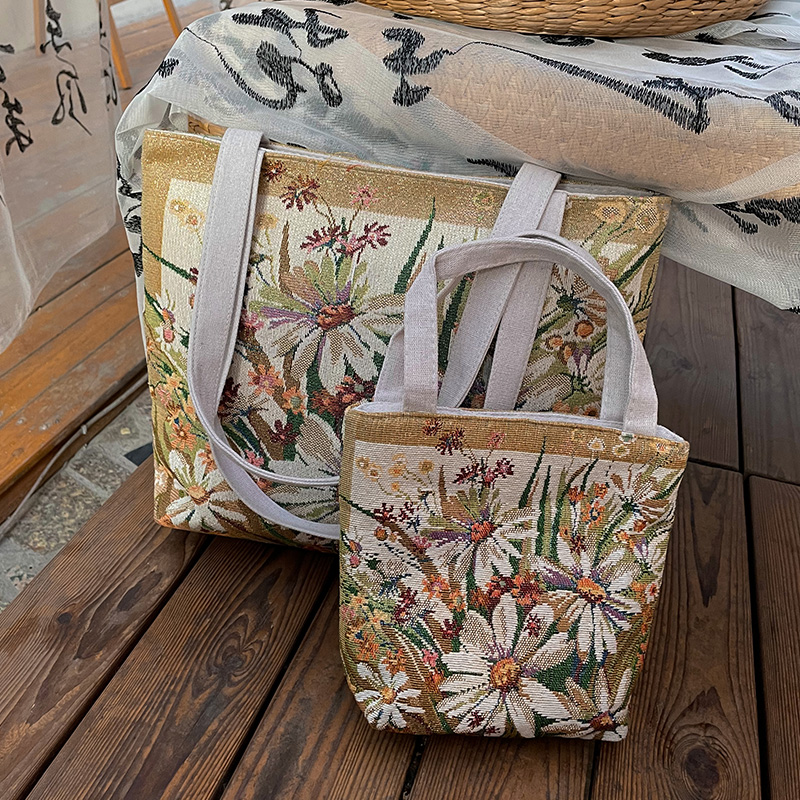 1-金丝刺绣帆布包秋冬小雏菊单肩包大容量通勤上班购物袋