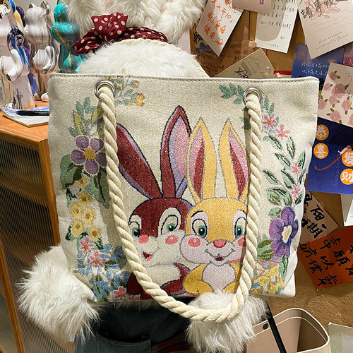 兔子双面刺绣帆布包中青年手提单肩包购物袋上班出行通用麻布袋子