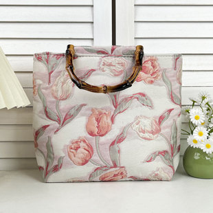 新款 郁金香提花双面刺绣花朵高雅气质日常旅行拉链手包托特包