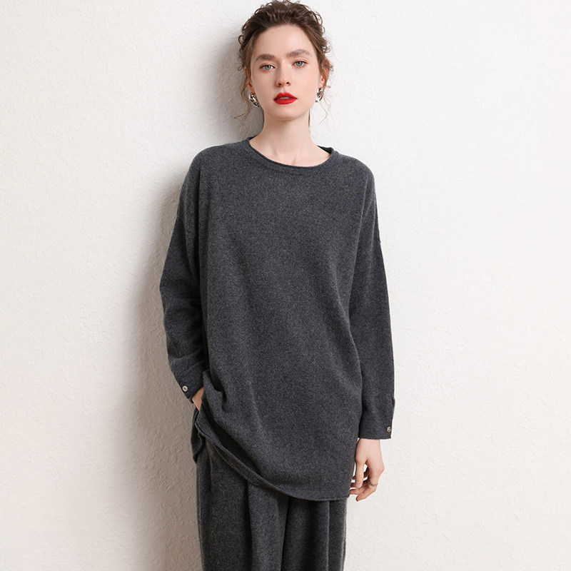 十二针织~中长款圆领羊绒衫女山羊绒针织大码毛衣打底衫女