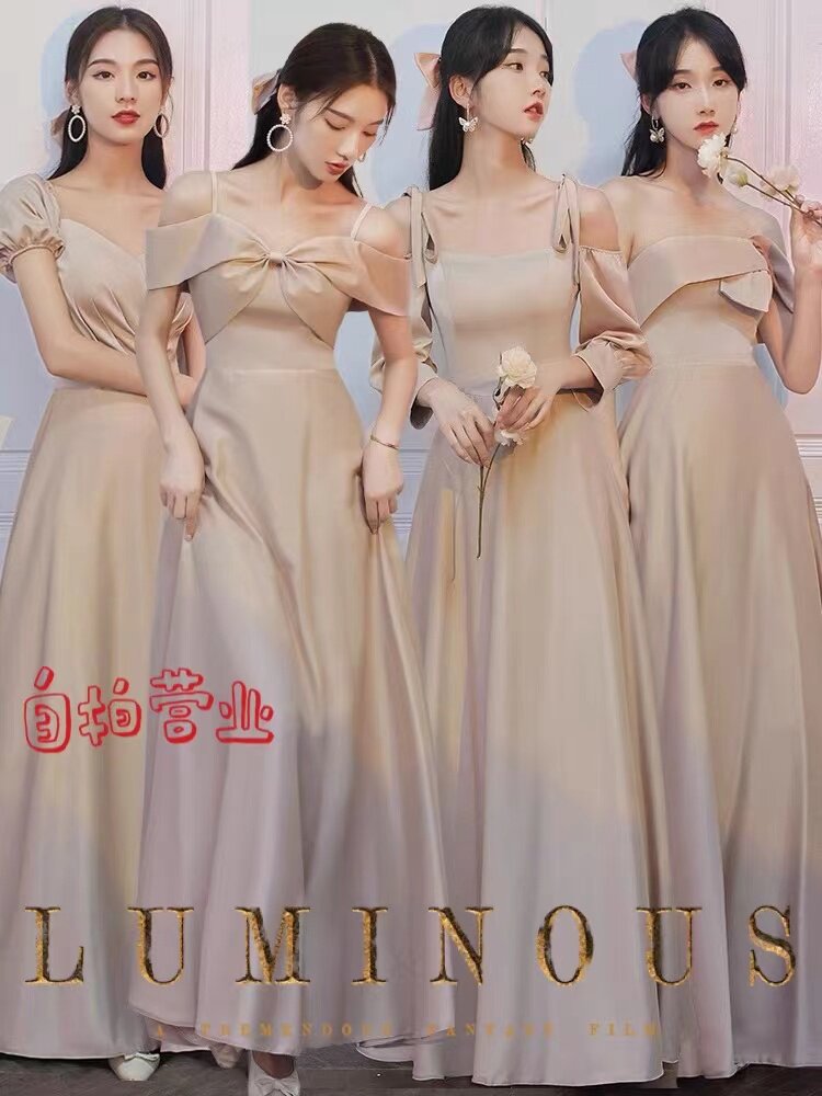 婚礼缎面长款伴娘晚礼服清仓图片
