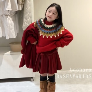 女童费尔岛风红色圆领针织衫女孩毛衣2025新款儿童圣诞长袖上衣冬