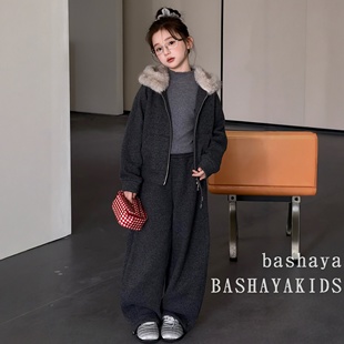 女童冬装套装2025新款儿童冬季加绒连帽拉链外套阔腿裤两件套大童