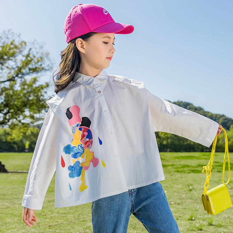 女童衬衫春秋纯棉2025新款女孩衬衣白色宽松洋气长袖上衣春装外套
