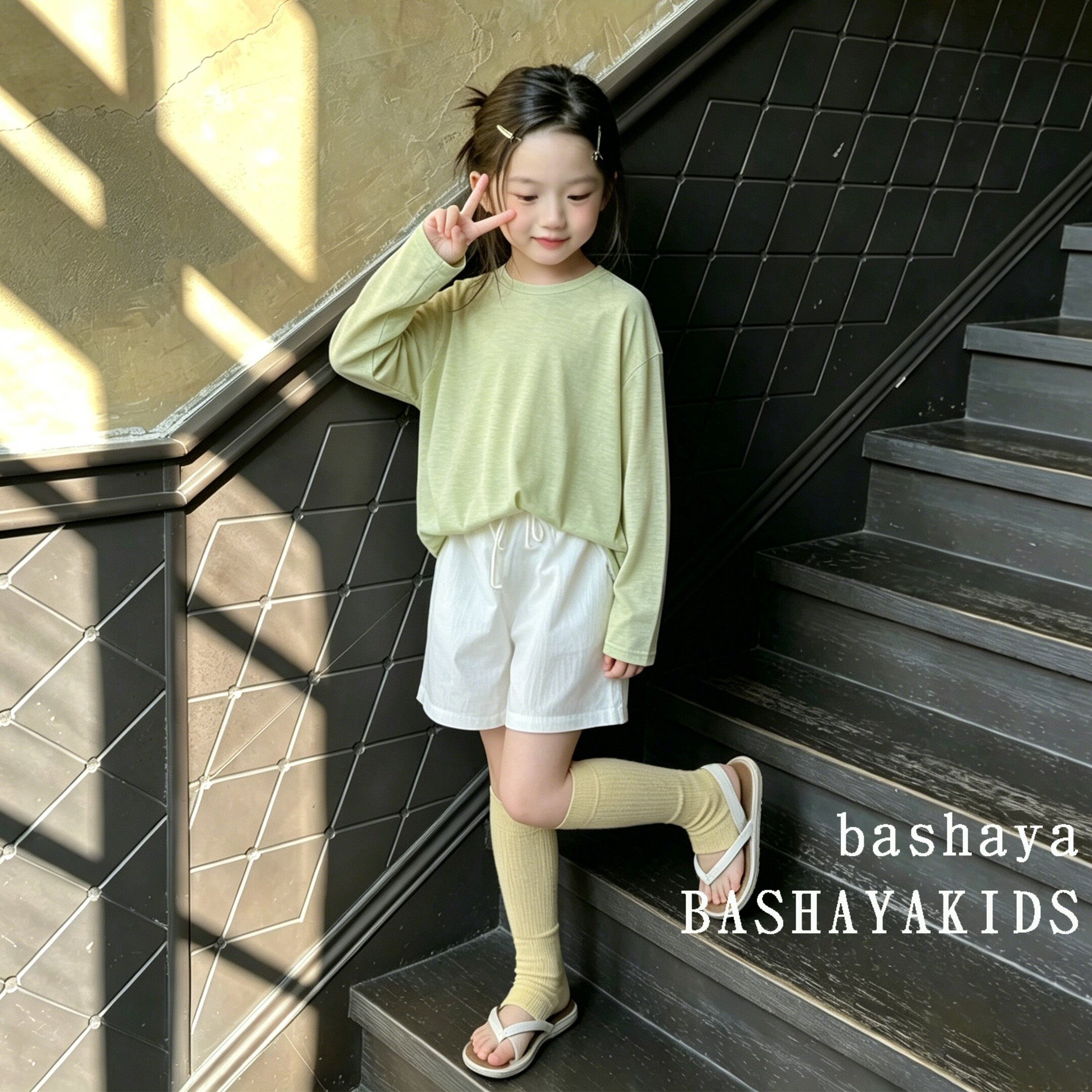 2026超火女童装绿色长袖T恤短裤套装儿童夏季薄款洋气漂亮两件套6