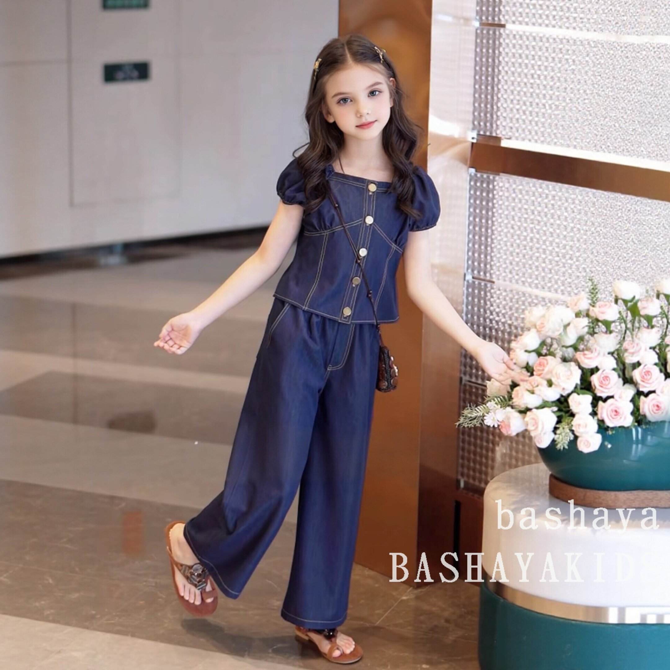 休闲牛仔两件套女夏季泡泡袖上衣阔腿裤显瘦大码套装