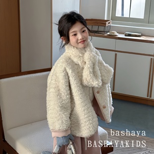 女童皮毛一体外套大童女冬季毛毛衣洋气儿童加厚泰迪毛绒感上衣冬
