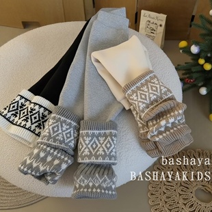 儿童裤子韩版费尔岛花纹女童打底裤加绒保暖百搭洋气瑜伽长裤冬季