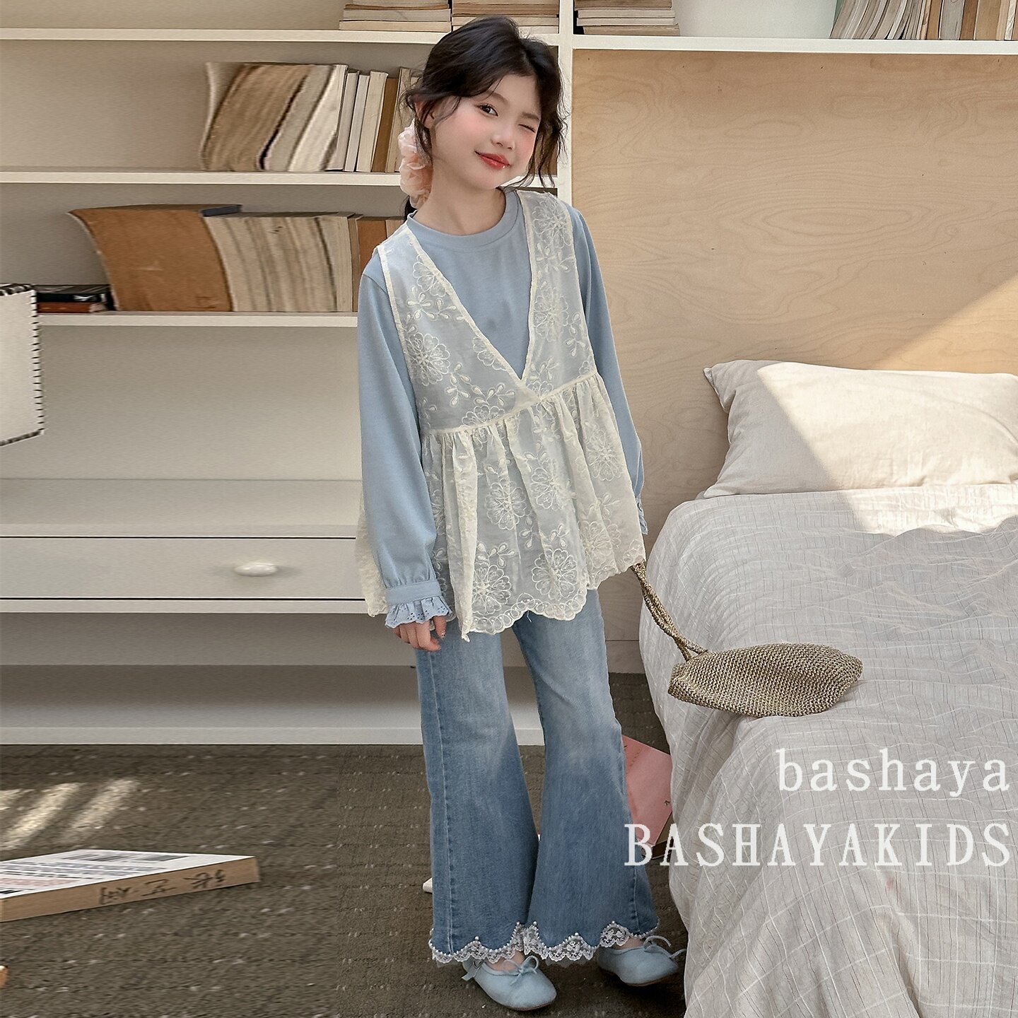 套装女童韩版2026春款蕾丝网纱背心套装春甜美清新长袖上衣两件套
