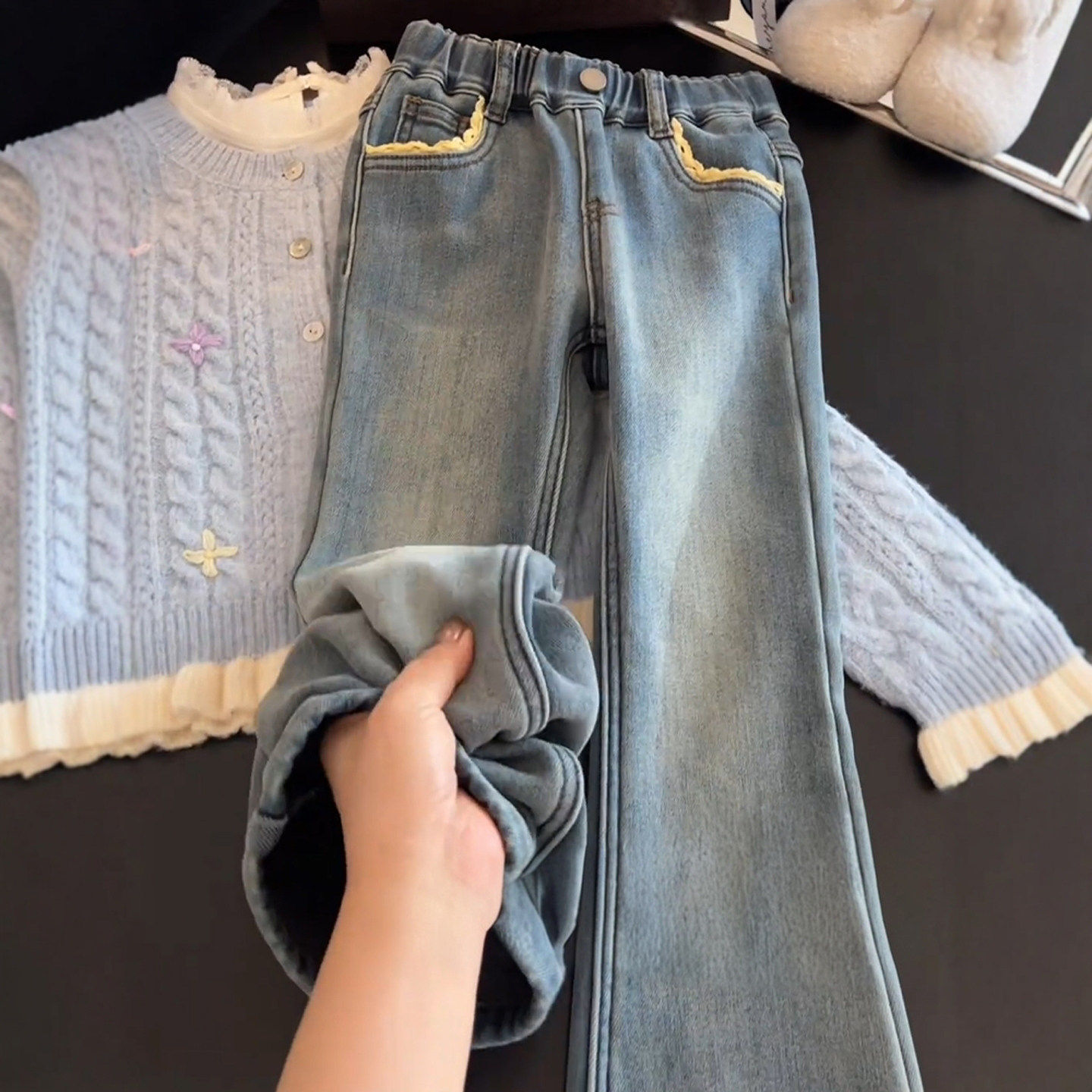 裤子女童加绒牛仔裤冬装儿童洋气高腰微喇喇叭裤女大童保暖长裤冬