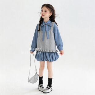 韩系女童格子衬衫针织马甲花苞裙两件套小个子温柔风甜美减龄