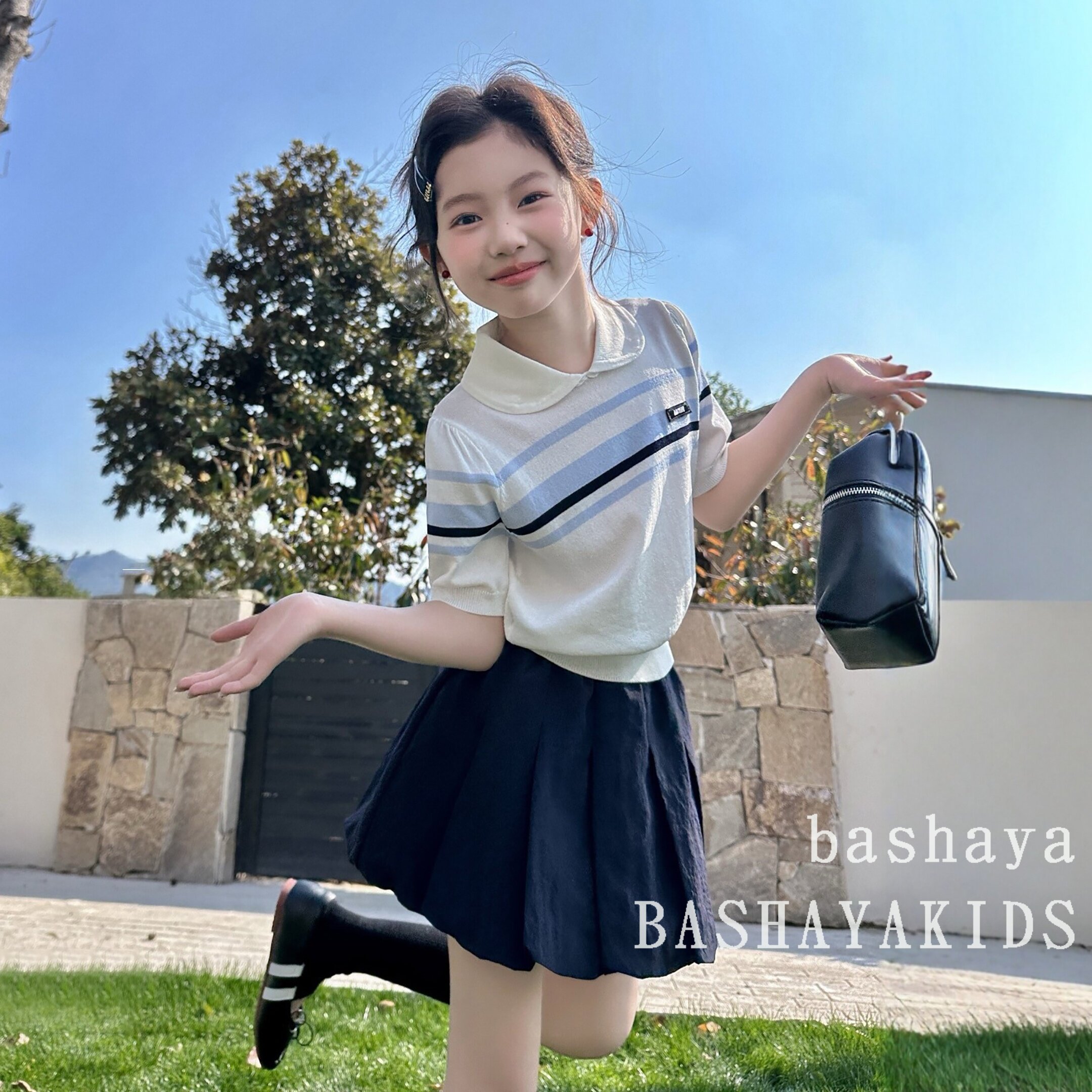 学院风polo领条纹针织套装女夏