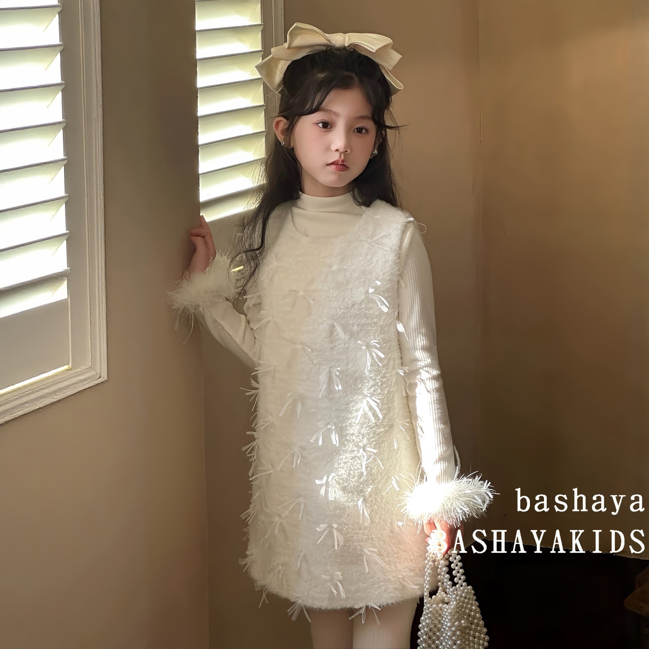 女童白色连衣裙冬加厚2025新款女大童洋气时髦生日礼服裙高级感冬