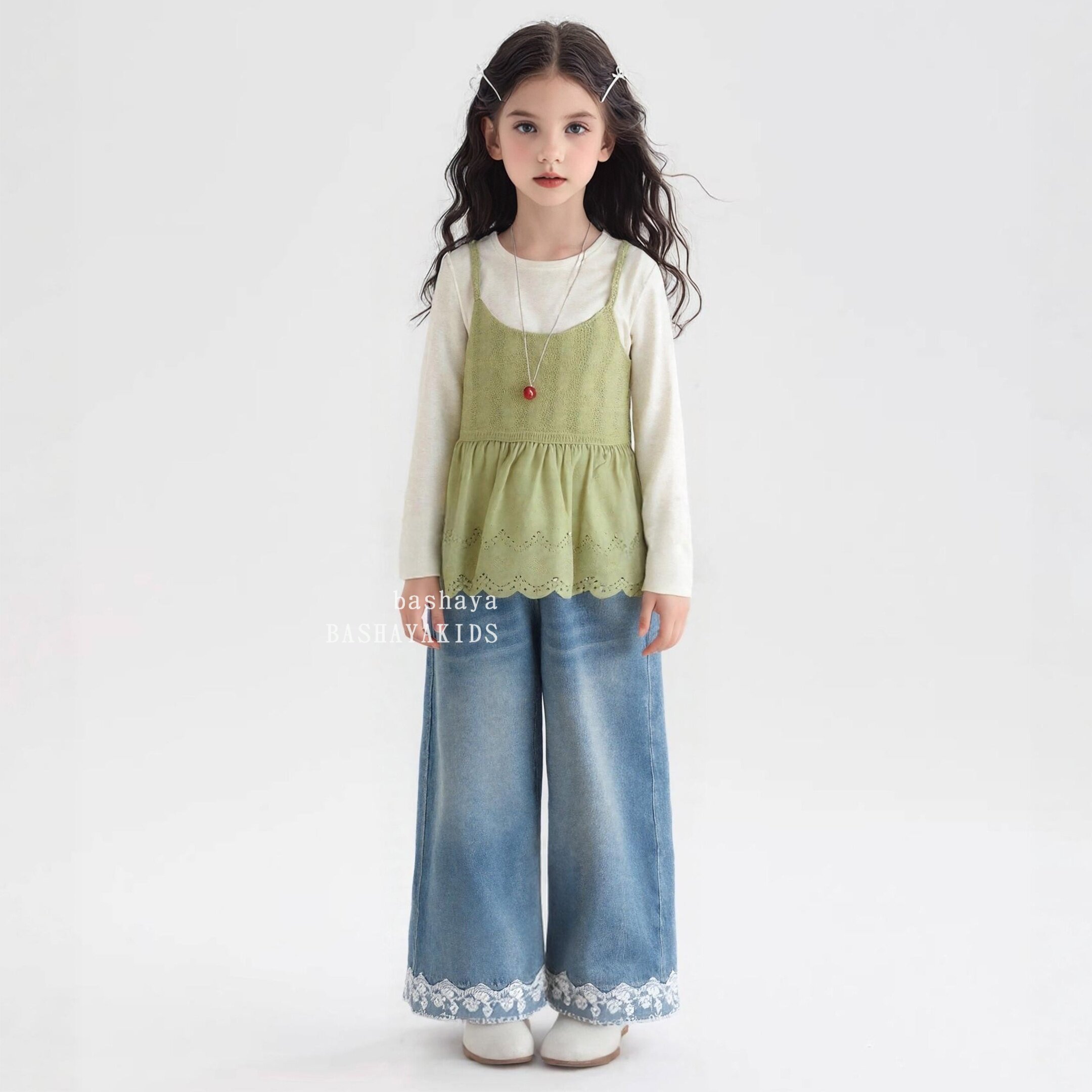 甜美风花边吊带两件套女童春夏叠穿背心打底衫套装