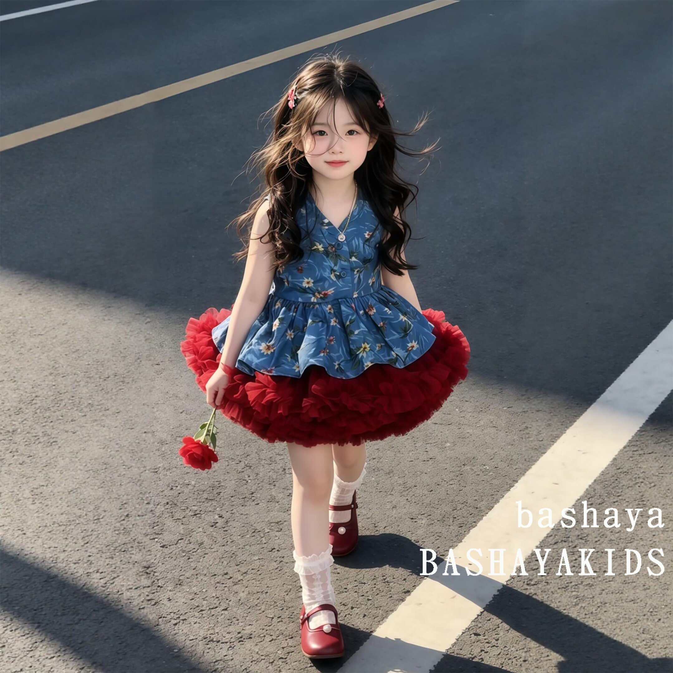 女宝绝美小裙子蓝色碎花上衣儿童巨好看背心红色网纱蓬蓬裙两件套