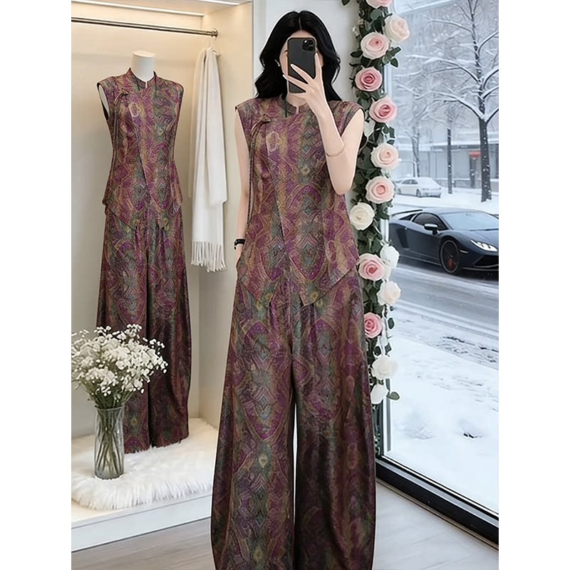 气质印花无袖套装女夏季阔腿裤两件套显瘦宽松时尚套装