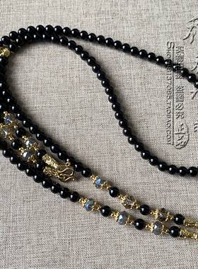 黑玛瑙水晶唐卡项链金色银色泰国佛牌双层毛衣挂链 可订其他款式