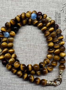 天然虎睛石海蓝宝水晶毛衣唐卡项链黄虎眼三挂金色泰国佛牌链可订