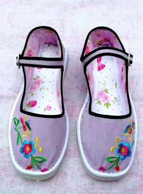 春秋绣花女布鞋紫色浅口低帮单鞋扣带休闲居家鞋塑料平底定制包邮