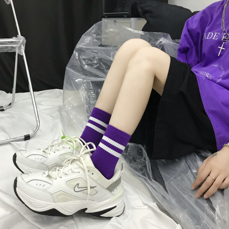 袜子女ins潮中筒袜春秋夏ins潮百搭棉日系双杠条纹二杠学生运动袜