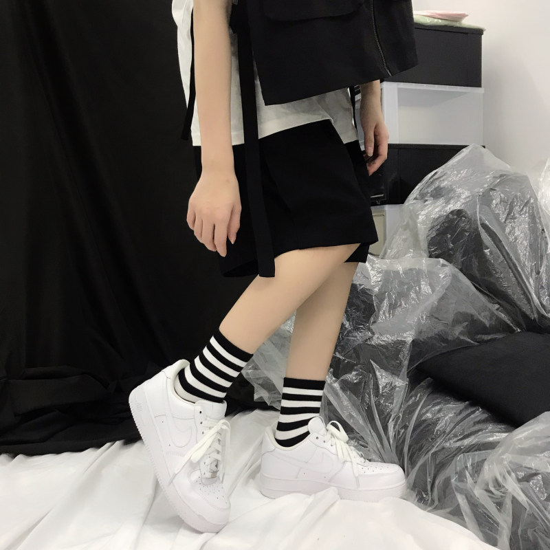 袜子女ins潮中筒袜纯棉条纹日系街头简约双杠三杠男百搭线条袜韩