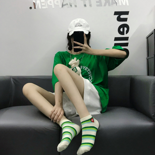 袜子女船袜夏季 ins潮绿色清新条纹运动浅口隐形短袜爱心棉袜 薄款