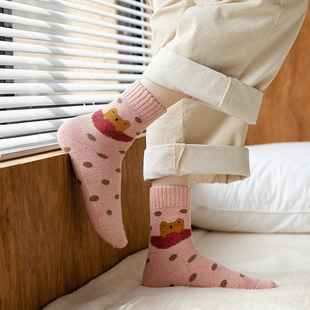 卡通厚袜子女冬季羊毛中筒袜ins潮秋冬加厚女袜冬长袜可爱羊绒袜