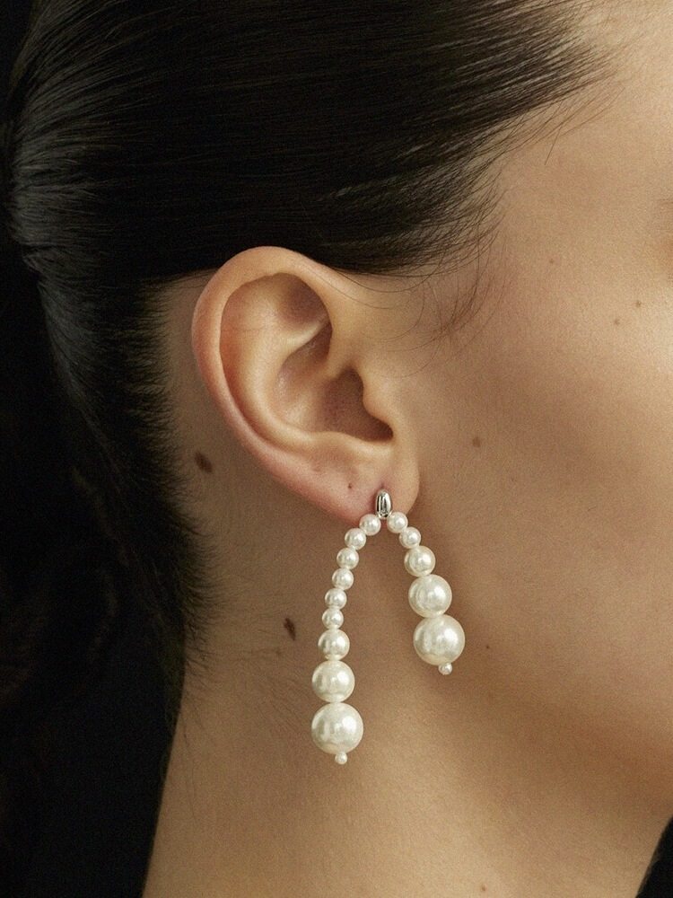 吾也 衔竹系列 长双珠耳钉贝珠纯银耳饰