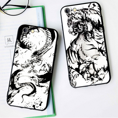 中国风水墨画龙争虎斗x手机壳适用6s苹果8plus磨砂iphone5s软壳76